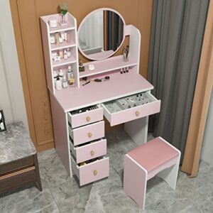 FAMAPY Vanity Desk with Mirror, Makeup Vanity with Drawers, Vanity with Mirror & Shelves, Cushion Stool, for Bedroom Pink (31.5”W x 15.7”D x 53.1”H)