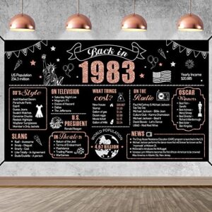 large 40th birthday banner backdrop decorations for women, rose gold back in 1983 happy 40 birthday sign party supplies, forty year old bday background decor for indoor outdoor