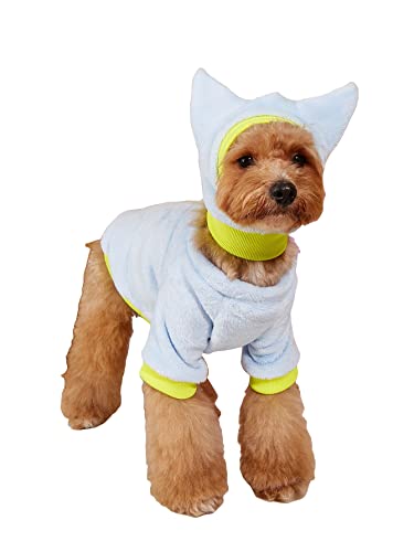 QWINEE 2Pcs Dog Plush Sweatshirt with Hat Set Lovely Dog Shirt Costume for Puppy Small Medium Dogs Kitten Cats Blue M