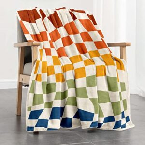 checkerboard throw blanket,ultra-soft flannel blanket,colorful twist blanket for couch,abstract grid fuzzy throw blanket,lightweight blanket for all seasons sofa,(gradient,blue and brown 49"x 61")