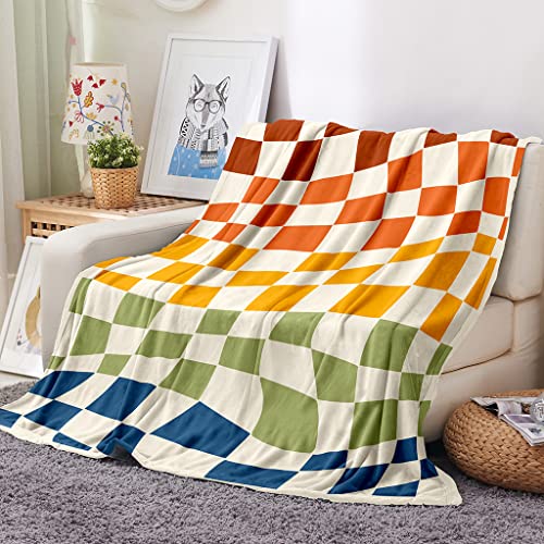 Checkerboard Throw Blanket,Ultra-Soft Flannel Blanket,Colorful Twist Blanket for Couch,Abstract Grid Fuzzy Throw Blanket,Lightweight Blanket for All Seasons Sofa,(Gradient,Blue and Brown 49"x 61")