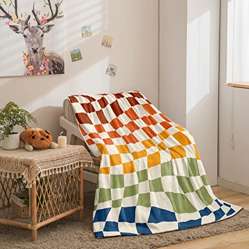 Checkerboard Throw Blanket,Ultra-Soft Flannel Blanket,Colorful Twist Blanket for Couch,Abstract Grid Fuzzy Throw Blanket,Lightweight Blanket for All Seasons Sofa,(Gradient,Blue and Brown 49"x 61")