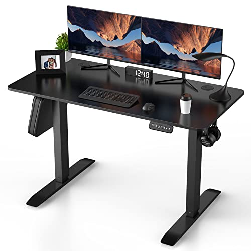 HappYard Height Adjustable Electric Standing Desk, 47 x 23 Inches Adjustable Desk w/ 4 Memory Button, Splice Board, 2 Hooks, 2 Outlet Boxes, Adjustable Height Computer Desk for Home Office, Black