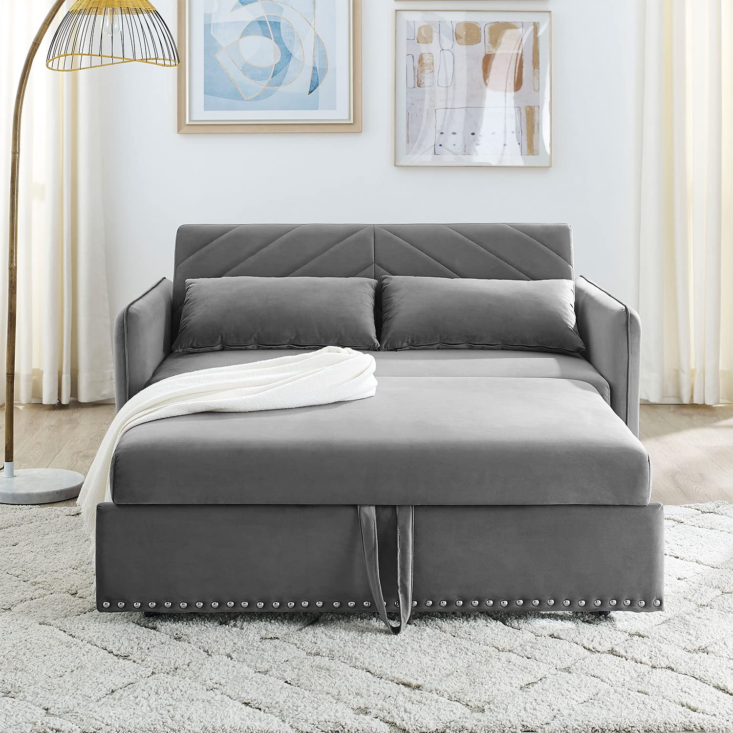 Sleeper Sofa Couch Bed w/2 USB Ports, 55" 3 in 1 Velvet Convertible Loveseat Sleeper Small Love seat Futon Sofa with Pullout Bed, Adjustable Backrest, 2 Pillows for Living Room Bedroom, Grey New