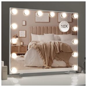 poplizz makeup vanity mirror with lights - 23.62 x 20.7 inch lighted makeup mirror with 14 led bulbs, touch sensor, table and wall mounted, hollywood mirror with 3 light colors