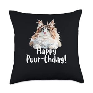 funny norwegian forest cat lovers & owners gifts happy puur-thday funny norwegian forest cat lovers throw pillow, 18x18, multicolor