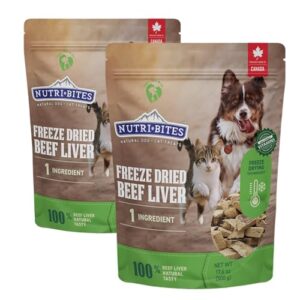 nutri bites freeze dried liver treats for dogs & cats - high-protein single ingredient dog treats, beef liver - grain free, easy to digest - proudly made in canada - 500g / 17.6oz (2pk)