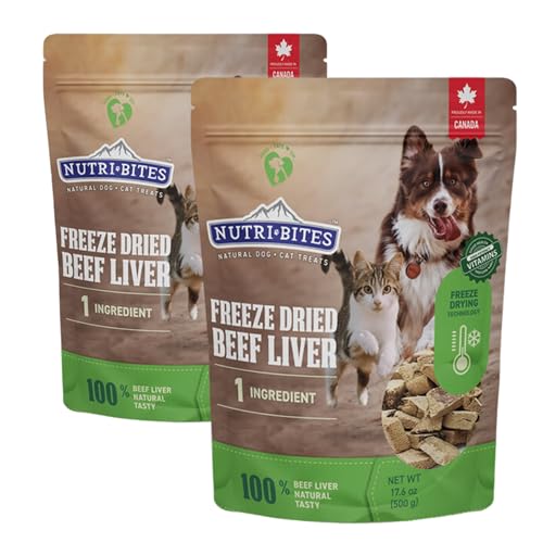 Nutri Bites Freeze Dried Liver Treats for Dogs & Cats - High-Protein Single Ingredient Dog Treats, Beef Liver - Grain Free, Easy to Digest - Proudly Made in Canada - 500g / 17.6oz (2pk)