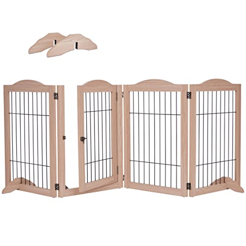 Arf Pets Freestanding Dog Gate with Door, 4 Panel 360° configurable Wooden Wire Fence, 89" Wide, 31.5" Tall, Foldable, Support Feet Included, for The House - Indoor Use