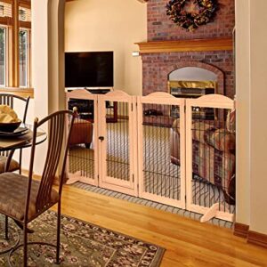 Arf Pets Freestanding Dog Gate with Door, 4 Panel 360° configurable Wooden Wire Fence, 89" Wide, 31.5" Tall, Foldable, Support Feet Included, for The House - Indoor Use