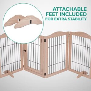 Arf Pets Freestanding Dog Gate with Door, 4 Panel 360° configurable Wooden Wire Fence, 89" Wide, 31.5" Tall, Foldable, Support Feet Included, for The House - Indoor Use