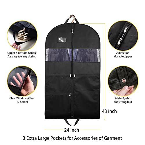 Garment Bags for Travel, Heavy Duty 43" Hanging Suit Bag for Men, Double Sides Zipper & 3 Large Mesh Pockets, Suit Cover for Traveling Monogrammed Closet Clothes Storage