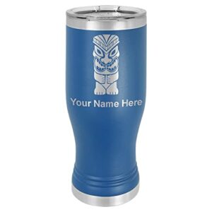 lasergram 14oz vacuum insulated pilsner mug, tiki statue, personalized engraving included (dark blue)