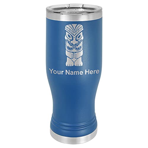 LaserGram 14oz Vacuum Insulated Pilsner Mug, Tiki Statue, Personalized Engraving Included (Dark Blue)