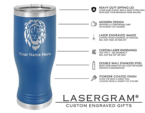 LaserGram 14oz Vacuum Insulated Pilsner Mug, Tiki Statue, Personalized Engraving Included (Dark Blue)