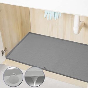 under sink mat, 34" x 22" flexible silicone under sink liner for kitchen waterproof drip tray with drain hole, sink cabinet protector bathroom mats for leaks, spills, water drips (gray)(thick 1130g
