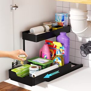 Under Sink Organizers and Storage, 2 Tier Sliding Shelf Bathroom Cabinet Organizer with Hooks, Hanging Cup, Multi-purpose Under Kitchen Sink Organizer, 1 Pack