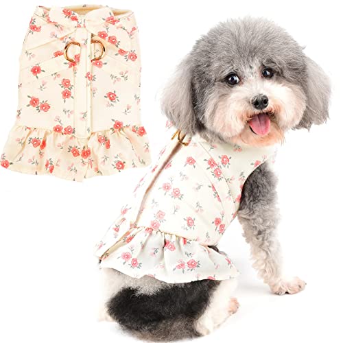 Zunea Winter Dog Harness Dresses for Small Dogs Girl Cute Flowers Printed Warm Fleece Lined Puppy Princess Dress with Bowknot and D-Rings Female Cold Weather Pet Skirt for Chihuahua Doggy Pink S