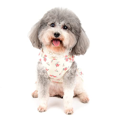 Zunea Winter Dog Harness Dresses for Small Dogs Girl Cute Flowers Printed Warm Fleece Lined Puppy Princess Dress with Bowknot and D-Rings Female Cold Weather Pet Skirt for Chihuahua Doggy Pink S