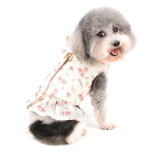 Zunea Winter Dog Harness Dresses for Small Dogs Girl Cute Flowers Printed Warm Fleece Lined Puppy Princess Dress with Bowknot and D-Rings Female Cold Weather Pet Skirt for Chihuahua Doggy Pink S