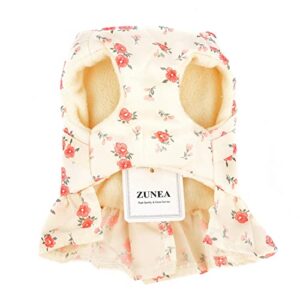 Zunea Winter Dog Harness Dresses for Small Dogs Girl Cute Flowers Printed Warm Fleece Lined Puppy Princess Dress with Bowknot and D-Rings Female Cold Weather Pet Skirt for Chihuahua Doggy Pink S