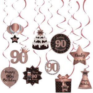 Happy 90th Birthday Party Hanging Swirls Streams Ceiling Decorations, Celebration 90 Foil Hanging Swirls with Cutouts for 90 Years Old Rose Gold Birthday Party Decorations Supplies