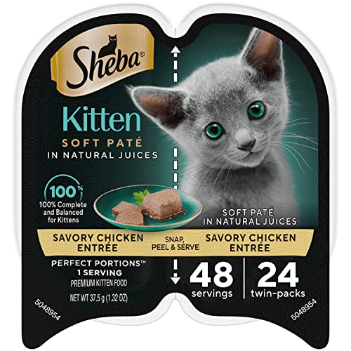 SHEBA PERFECT PORTIONS Kitten Paté Wet Cat Food Trays (24 Count, 48 Servings), Savory Chicken Entrée, Easy Peel Twin-Pack Trays