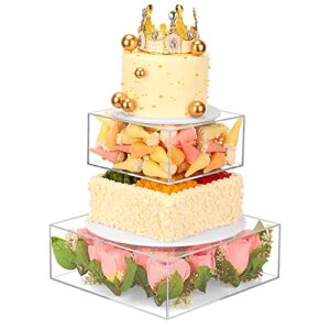 nynelly acrylic cake stand with lid, square cake riser clear cake box stand, fillable cube pedestal stands for parties, decorative centerpiece for wedding birthday party (2pcs, 8" dx4”h; 12" dx4”h)