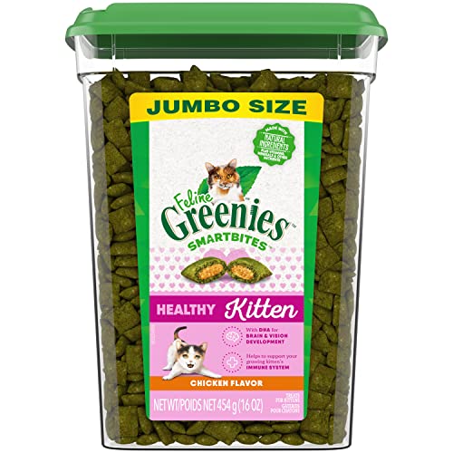 FELINE GREENIES SMARTBITES Healthy Kitten Treats, Crunchy and Soft Natural Cat Treats, Chicken Flavor, 16 oz Tub