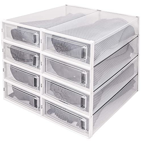 DHMAKER Boot Storage Box, 8 Pack Stackable Boot Boxes for Tall Boots, Boot Boxes Clear Plastic Stackable with Lid Drop Front Boot Organizer, White