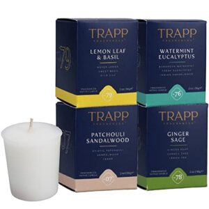 trapp 2oz votive scented candle herbal aromatherapy variety, set of 4 - no.76 watermint eucalyptus, no. 78 ginger sage, no. 79 lemon leaf & basil, and no. 07 patchouli sandalwood