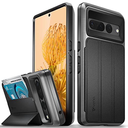 VENA vCommute Wallet Case Compatible with Google Pixel 7 Pro (2022), (Military Grade Drop Protection) Flip Leather Cover Card Slot Holder with Kickstand - Space Gray