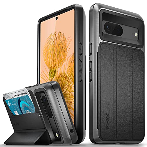 VENA vCommute Wallet Case Compatible with Google Pixel 7 (2022), (Military Grade Drop Protection) Flip Leather Cover Card Slot Holder with Kickstand - Space Gray