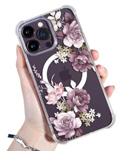 gviewin for iphone 14 promax case compatible with magsafe, [screen protector + camera lens protector] [mil-grade protection] magnetic floral clear shockproof women phone case for 14 pro max(purple)