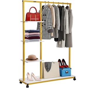 vevor clothing garment rack, 39.4"x14.2"x59.1", heavy-duty clothes rack w/bottom shelf & extra 3 side shelves, 4 swivel casters, rolling clothes organizer for laundry room retail store boutique, gold