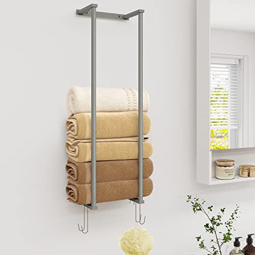 MallKing Wall Towel Rack, Bathroom Wall Mounted for Rolled Towels, Metal Towel Holder for Folded Large Towel Washcloths, Bath Towel Storage with 4 Hooks (Matte Grey)
