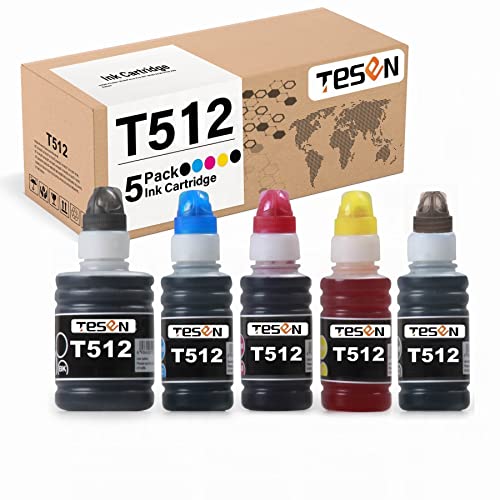 TESEN Compatible Refill Ink Bottle Replacement for Epson 512 T512 (5-Pack, BK/PBK/C/M/Y) T512020 T512120 T512220 T512320 T512420 for Use with Expression Premium ET‑7700 ET-7750 Printer