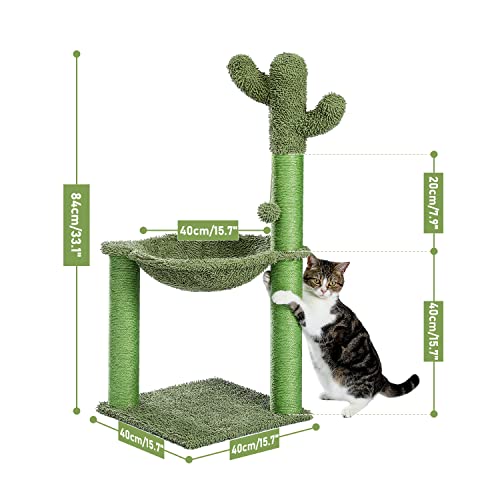 PAWZ Road Cactus Cat Tree, 33 Inchs Cat Tower with Large Soft Hammock and Fully Wrapped Sisal Scratching Post for Indoor Cats