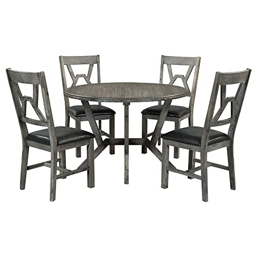 Retro 5-Piece Wood Dining Table Set with Round Table with Cross Legs and 4 Upholstered Chairs,for Small Places,Kitchen and Studio,Classic and Comfortable (Gray#A)