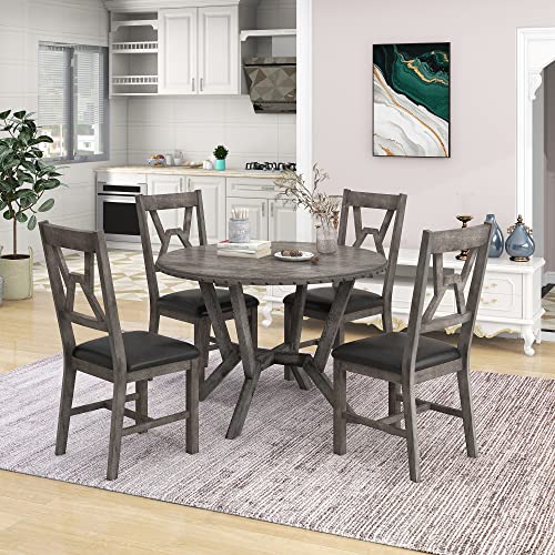 Retro 5-Piece Wood Dining Table Set with Round Table with Cross Legs and 4 Upholstered Chairs,for Small Places,Kitchen and Studio,Classic and Comfortable (Gray#A)