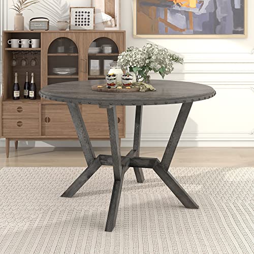 Retro 5-Piece Wood Dining Table Set with Round Table with Cross Legs and 4 Upholstered Chairs,for Small Places,Kitchen and Studio,Classic and Comfortable (Gray#A)