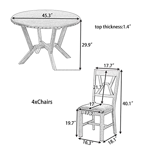Retro 5-Piece Wood Dining Table Set with Round Table with Cross Legs and 4 Upholstered Chairs,for Small Places,Kitchen and Studio,Classic and Comfortable (Gray#A)