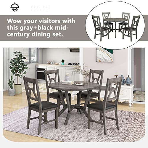 Retro 5-Piece Wood Dining Table Set with Round Table with Cross Legs and 4 Upholstered Chairs,for Small Places,Kitchen and Studio,Classic and Comfortable (Gray#A)