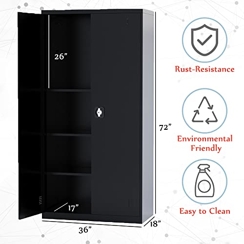 DHMAKER Metal Garage Storage Cabinet with 2 Doors, 72" Tall Locking Steel Storage Cabinet with Adjustable Shelves, Utility Storage Cabinet with Lock for Garage, Office, Home (Black)