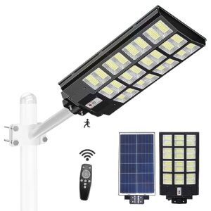 1000w solar street lights outdoor, motion sensor led solar outdoor lights with remote control & arm pole, 7000k 100000lm ip66 waterproof dusk to dawn solar led lights lamp for garden yard
