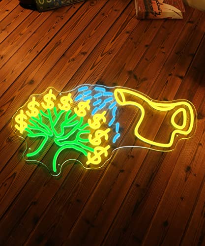 This is Money Tree LED Sign for Bedroom Wall, Large Neon Sign Wall Home Decor Suitable for Home, Bar, Studio, Club, or Restaurant Decor Green-ice Blue-Yellow