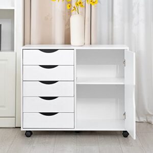 qdssdeco 5-drawer chest with 1 door, wooden storage chest of drawers, mobile dresser cabinet with wheels, printer stand for home office bedroom