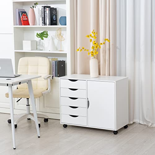 QDSSDECO 5-Drawer Chest with 1 Door, Wooden Storage Chest of Drawers, Mobile Dresser Cabinet with Wheels, Printer Stand for Home Office Bedroom