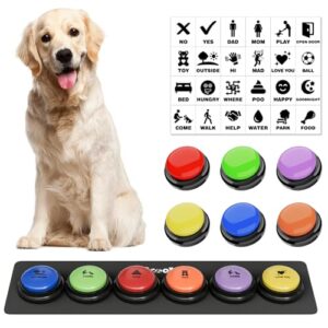 dog buttons for communication, 6 pcs dog talking button set, 30s voice recordable pet training buzzer, speaking buttons for cats & dogs with waterproof dog activity mat and 24 scene stickers