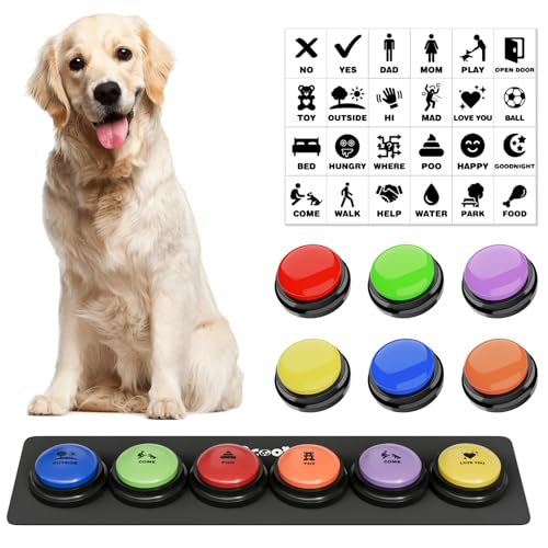 Dog Buttons for Communication, 6 Pcs Dog Talking Button Set, 30s Voice Recordable Pet Training Buzzer, Speaking Buttons for Cats & Dogs with Waterproof Dog Activity Mat and 24 Scene Stickers